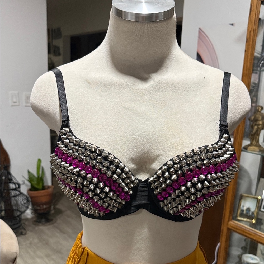 Studded Black Bra with Fuchsia Accents